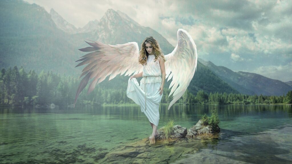 angel, lake, nature